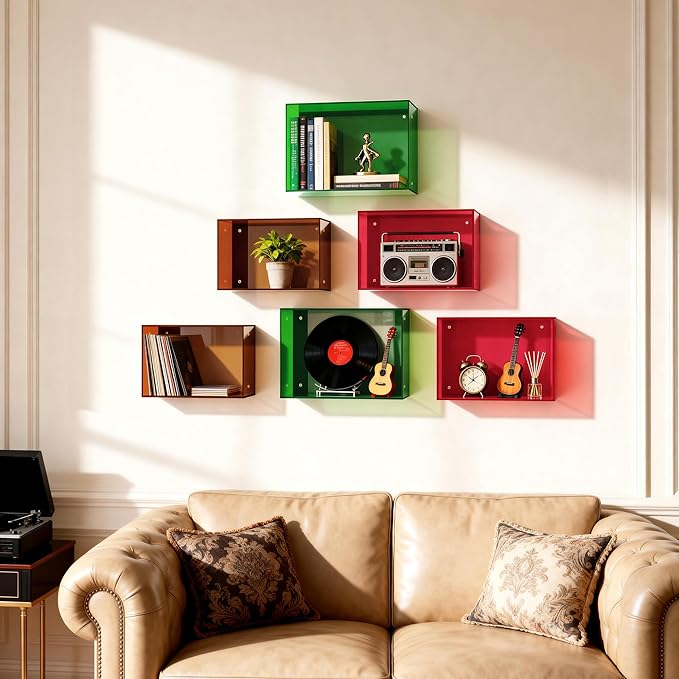 Acrylic Floating Shelves for Wall, Wall Mounted Cube Shelf for Bedroom Living Room Bathroom Hanging Shelf for Storage (Colore
