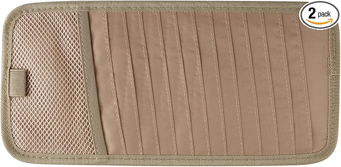 Sun Visor CD Holder, 12-Capacity Car Visor Organizer with DVD Sleeves and Mesh Pocket, Universal Visor Storage for Vehicle CD Case and Pen Holder Ergonomic Design (Khaki 1 Pcs)