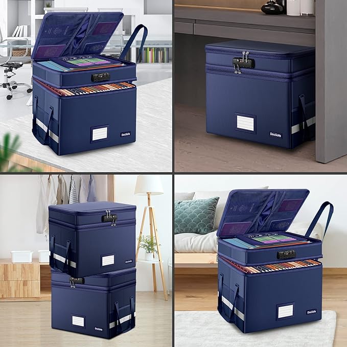 DocSafe File Box with Lock,Multi-Layer Fireproof Document Box Collapsible File Storage Organizer with Pockets/Handle,Large Po
