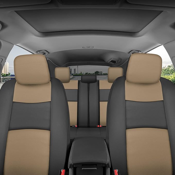 BDk Faux Leather Car Seat Cover Full Set - Front & Rear Split Bench Beige Seat Covers for SUV & Truck Seat Covers, Airbag Com