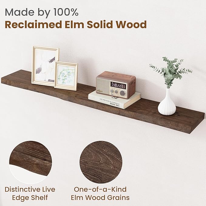 Floating Shelves for Wall Decor, Rustic Solid Elm Wood Live Edge Floating Shelves Wall Mounted, Wall Shelves with Invisible B