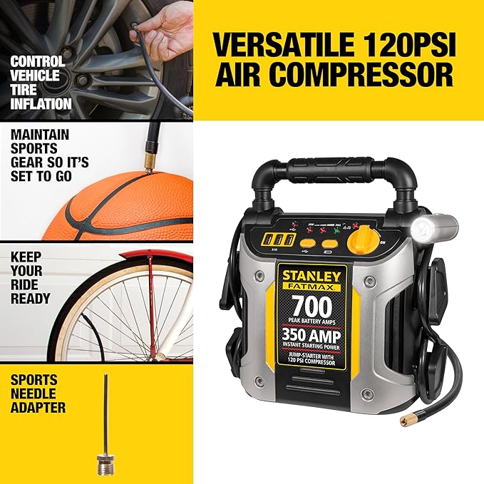 Stanley J7CS 700 Peak Amp Automotive Jump Starter, Portable Power - Triple 15W USB Ports, 120 PSI Air Compressor