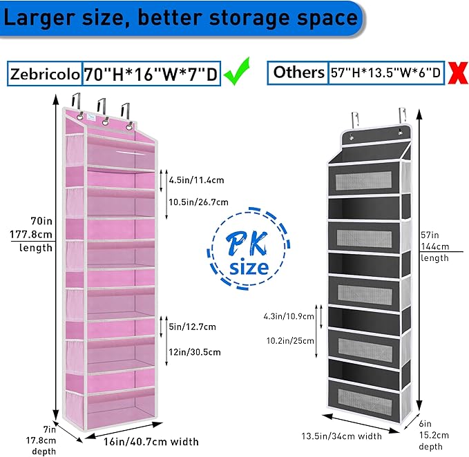 over the door organizer, Solid Bamboo Board (Not Plastic!) 6-Tier Heavy Duty 75LB, 12 Side Pockets, 3 Reinforced Hooks & Anti