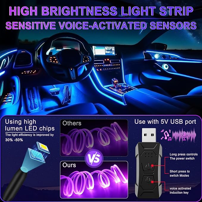 LivTee Smart Car LED Interior Lights with USB Port, LED Strip Fiber Optic Lights, Wireless App Control, Sync to Music, Car Accessories Gifts for Women and Men