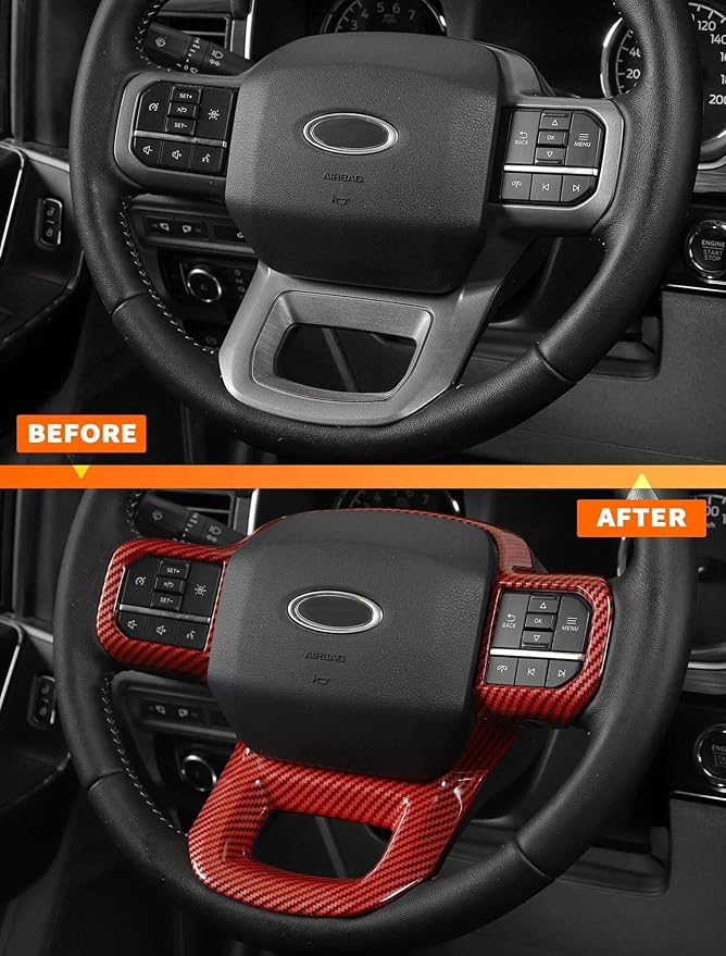 Savadicar Red Carbon Fiber Interior Accessories - Steering Wheel Trim Cover for Ford F150 (2021-present) - Premium Texture Interior Decor Upgrade Option, 1 PC