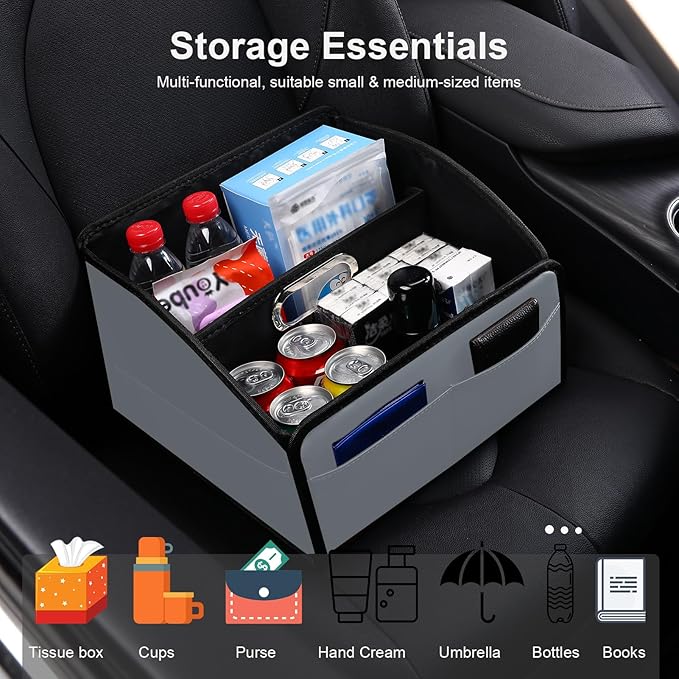 Car Storage Organizer [2025 UPDATED] Leather Car Caddy Basket for Front Seat Floor Back Seats Metal Handle 6 Compartments Adj
