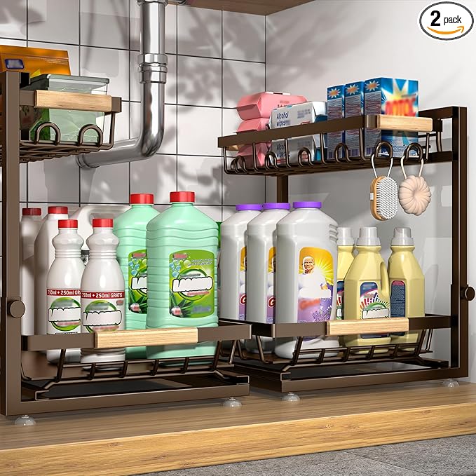 Sevenblue 2 Packs Under Sink Organizer, Height Adjustable 2 Tier Under Kitchen Sink Organizer, Multi-Purpose Storage Shelf fo