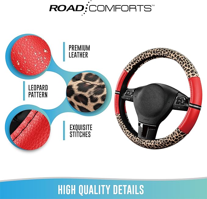 Road Comforts Leopard Steering Wheel Cover for Women, Cute Anti-Slip Microfiber Leather, Universal Fit 14.5-15 Inch Round Ste