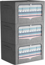 FHSQX 3 Pack Clothes Storage Bins Foldable Metal Frame Storage Box Stackable Linen Fabric Organizer Set with Carrying Handles