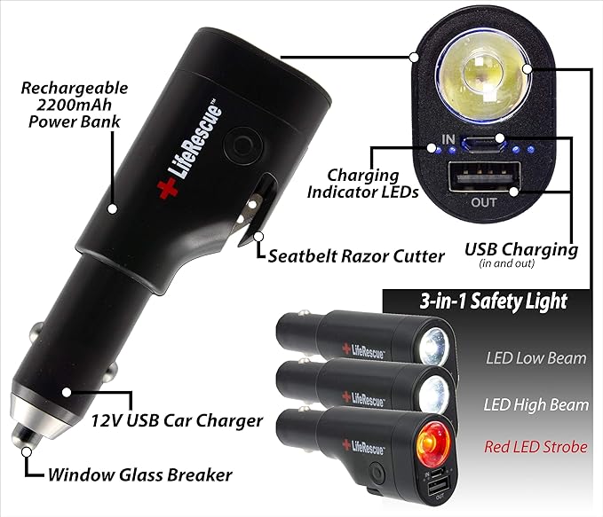 6 in 1 Auto Emergency Extraction Tool and LED Emergency Light - Seat Belt Cutter, Auto Glass Breaker, 3-Mode Security Flashli
