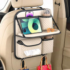 Car Seat Organizer, Backseat Organizer with Foldable Table Tray & Cup Holder, Leather Car Storage for Kids, Women & Mobile Makeup Station, Road Trip Essentials for SUV, Truck, Car (Beige)
