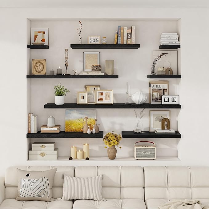 Fun Memories Black Deep Floating Shelves, 72 x 12 Inch Long Wall Shelves, Large Display Shelf & Storage Shelf, Wood Floating 