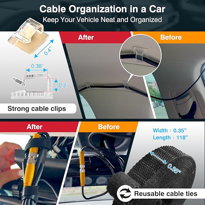 Dash Cam Installation Kit – Trim Removal Tool, 20 Strong Adhesive Cable Clips, Reusable Cable Ties, Split Sleeve & Foam Pads – Clean Car Wire Organizer
