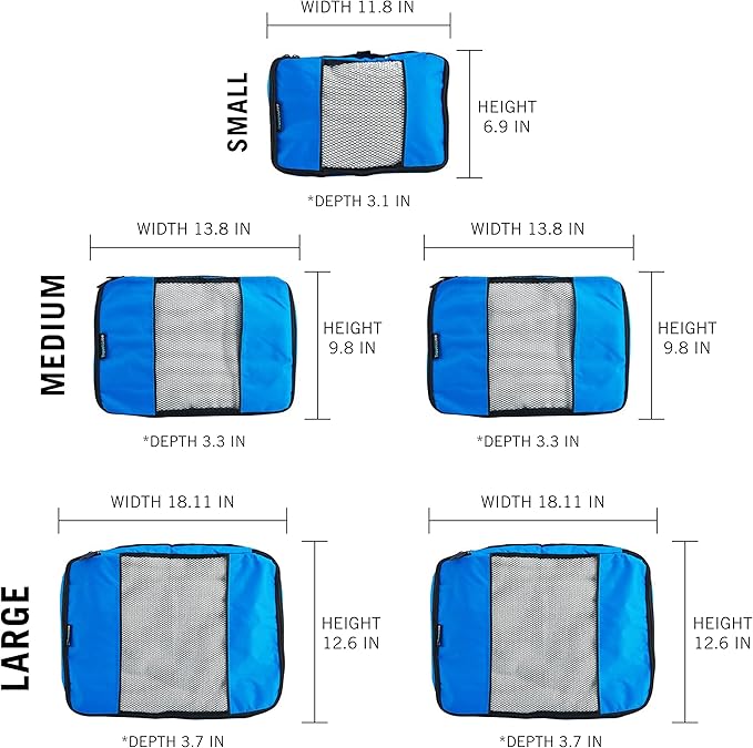 TravelWise 5 Piece Packing Cubes Set, Lightweight Luggage Organizer with Mesh Panels and 2 Way Zippers, Includes Small, Mediu