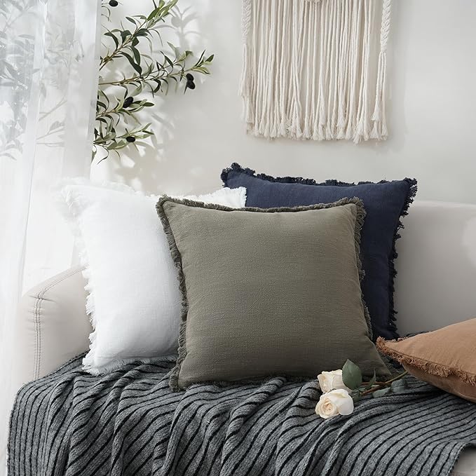 Foindtower Set of 2 Decorative Linen Fringe Throw Pillow Covers Cozy Boho Farmhouse Cushion Cover with Tassels Soft Accent Pi