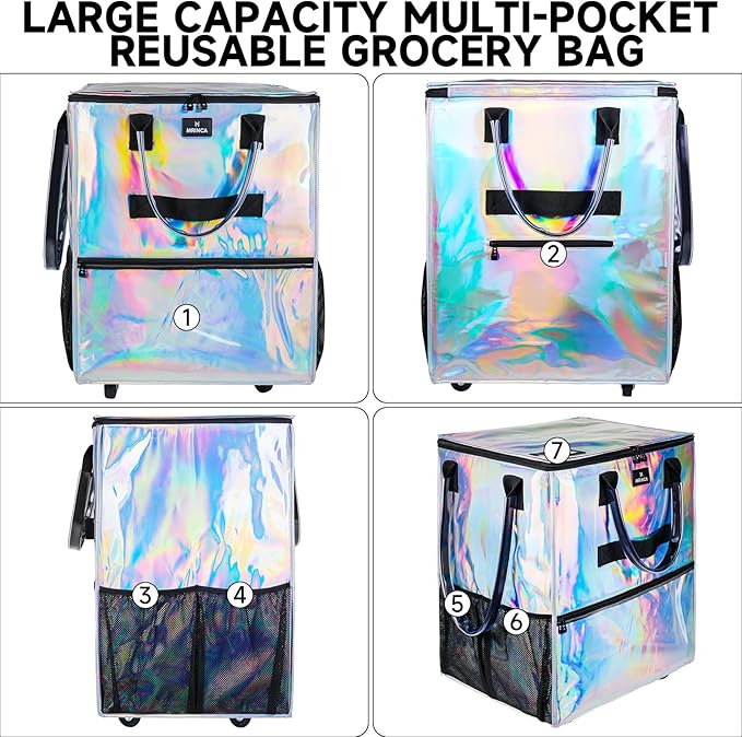 Large Reusable Grocery Bag On Wheels, 130L Foldable Shopping Trolley with 5 Enhanced Stability Wheels, Water Resistant, Multiple Pockets & Heavy Duty Handle, for Groceries, Outdoor, Gradient Silver