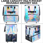 Reusable Grocery Bag On Wheels, 70L Foldable Shopping Trolley with Enhanced Stability Wheels, Water Resistant, 6 Pockets & 3-Way Carry for Outdoor, Camping, Medium, Gradient Silver