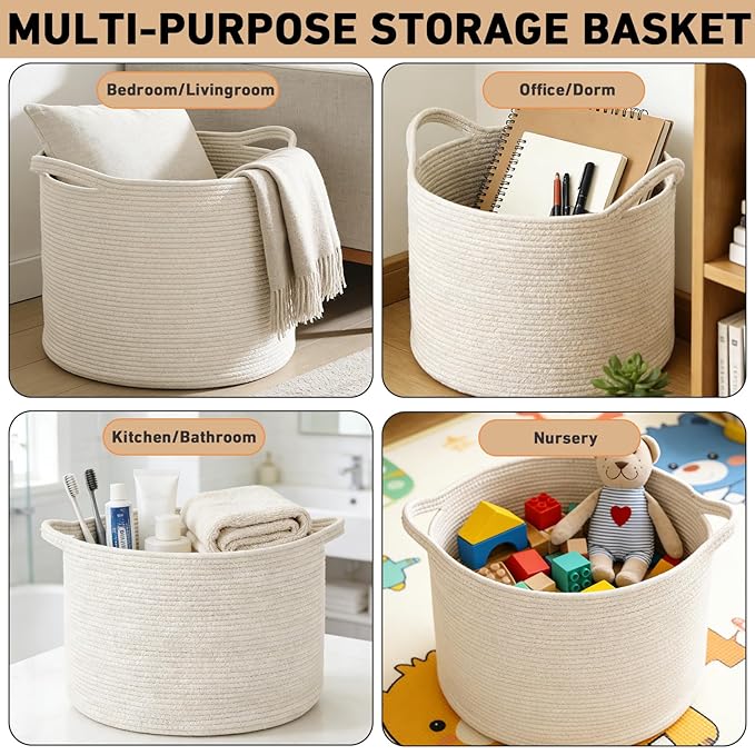 115L Extra Large Woven Cotton Rope Blanket Basket with Handles, Laundry Hamper Storage Bin for Pillows, Comforters,Clothes, T