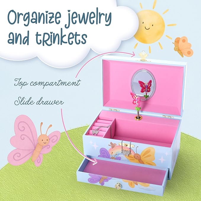 The Memory Building Co Butterfly Musical Jewelry Box Plays Classic Melody, Storage Organizer Music Box for Kids Ages 6-12, MD