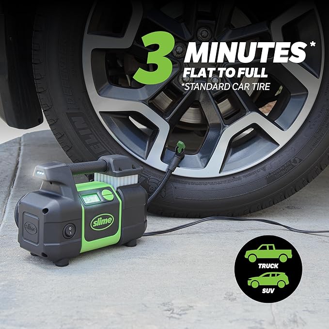 Slime 40063 Tire Inflator, Portable Car, SUV, 4x4 Air Compressor, Elite Heavy Duty, Inflate Right Automatic Shut Off, with Digital 99 psi Display, Long Hose and LED Light, 12V, 3 min Inflation