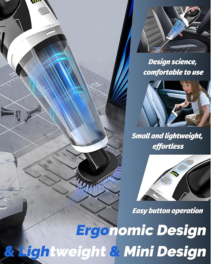 BRL Handheld Vacuum Cordless, Car Vacuum Cleaner with Powerful Suction, 2 Modes Mini Hand Vacuum, Dry & Wet, LED Light, Porta