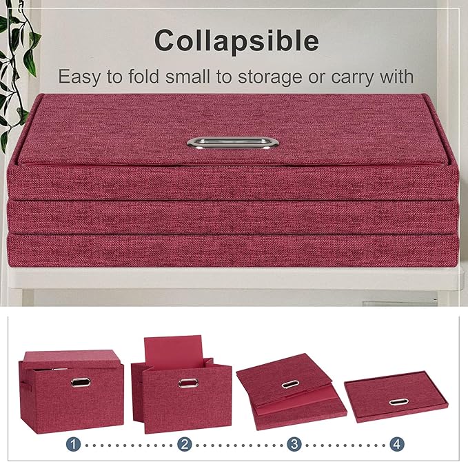 Graciadeco Large 17" 36 Quart Collapsible Stackable Storage Bins with Lids, 3 Packs Bright Red Linen Fabric Closet Boxes with
