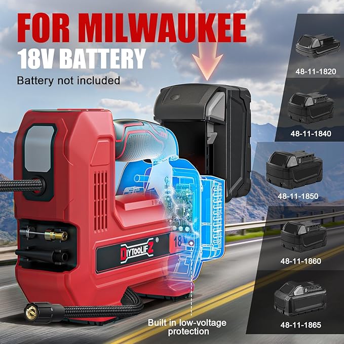 160PSI Cordless Tire Inflator Compatible with Milwaukee 18V Air Compressor, Portable Air Pump Automatic Shut Off, LED Light, Digital Pressure Gauge for Cars Motorcycles Bikes(Bare Tool)