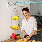 3 Tier Hanging Fruit Basket with Banana Hook, 34-Inch Heavy-Duty Wire Hanging Basket, Wire Vegetable Produce Organizer with I