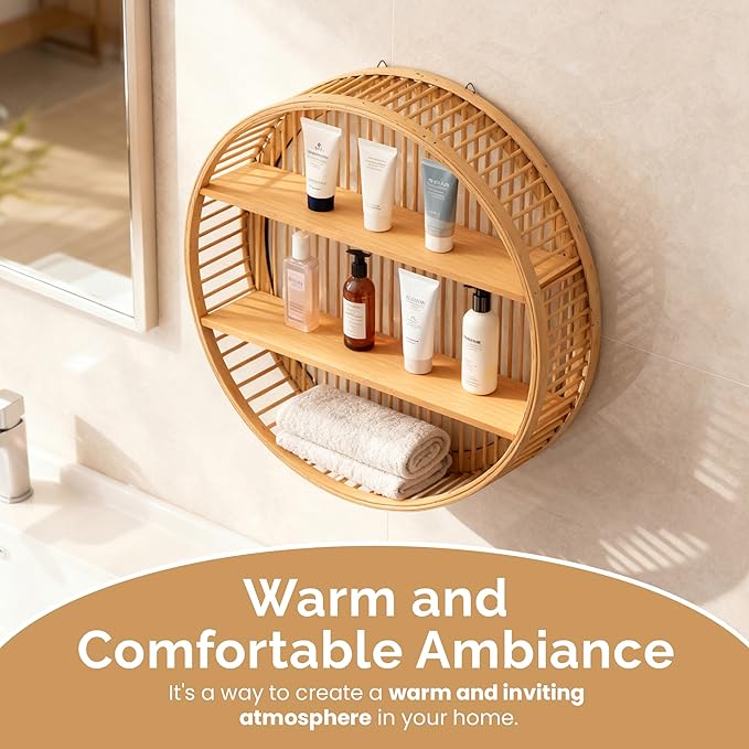 Vintiquewise Round Bamboo Wall Shelf with 2 Wooden Tiers – Natural Hanging Wall Decor and Floating Display Rack Accent for Mo