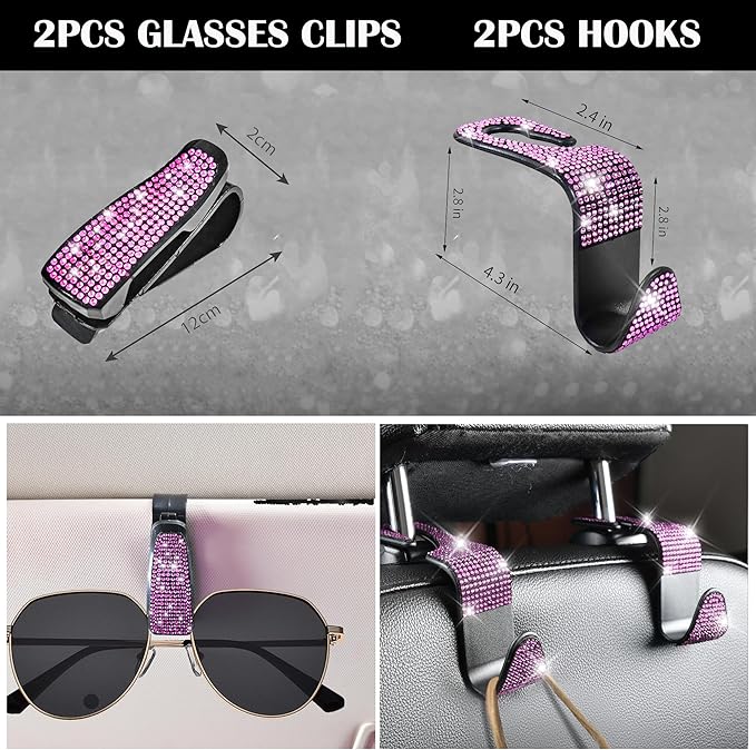 CAR PASS 11 PCS Bling Diamond Car Accessories Set for Women, Sparkly Rhinestone Steering Wheel Cover, Bling Seat Belt Cushion
