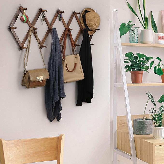 WEBI Accordion Wall Hanger, Wooden Coat Rack Wall Mounted, Hat & Cap Hook Rack, 16 Peg Hooks, Walnut Color