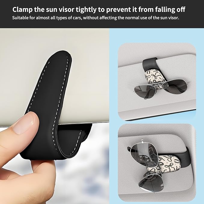 Sunglasses Holder for Car Visor, PU Leather Glasses Clip Organizer, Cute Magnetic Eyeglass Holder for Vehicle Sun Visor, Car Interior Accessory for Women & Men Black Bow Sketch