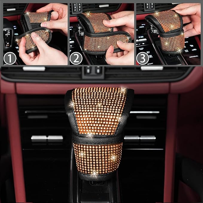 NBTEPEM 30 Pcs Orange Bling Car Accessories Set for Women, Steering Wheel Cover Set, Bling Console Cover, Seat Belt Cushion, Shift Knob Cushion, Cup Holder Coaster, Rhinestone Car Hanging Accessories