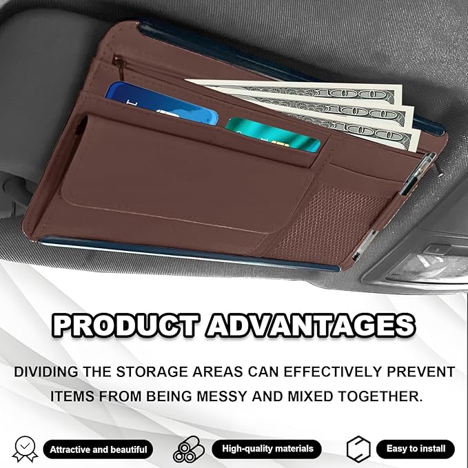 Car Sun Visor Storage Bag, Soft Leather Surface Organizer, Scratch-Resistant Auto Sunshade Organizer Bag, Can Store ID Card, Eyeglasses, Pen, Driving License etc (Brown)