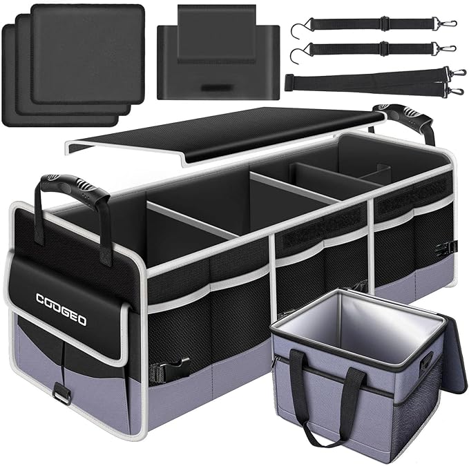 Car Trunk Organizer with Portable Leak Proof Cooler Bag, 3 Compartments Collapsible Car Organizers and Storage with Foldable C