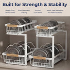 Under Sink Organizer, 2 Pack, 2 Tier Sliding L-Shaped Carbon Steel Rack with Adjustable Height, Motion-Activated LED Lights, 