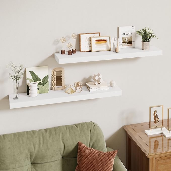 36 Inch Floating Shelves | 6.5 Inch Deep White Floating Shelves Set of 2 | 36" W x 6.5" D Rustic White Wood Wall Shelves with