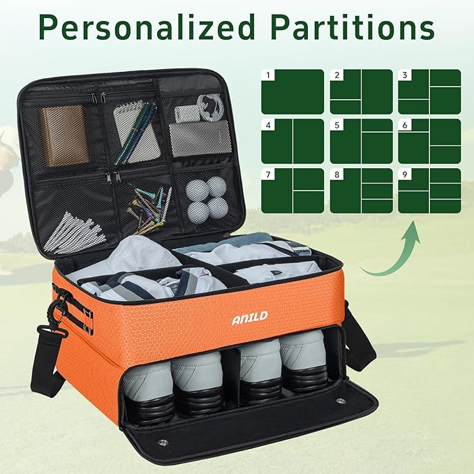 ANILD Golf Trunk Organizer, 2 Layer Golf Storage Case with Separate Ventilated Compartment for 2 Pair Shoes, for Balls, Tees,