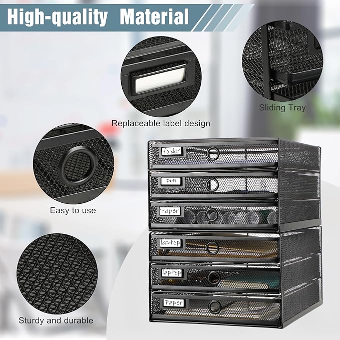 Zhanmai 2 Pack Black Desk Organizer with Drawer Total Wire Mesh Storage Tray Multifunctional Paper Sorter File Stand for Home
