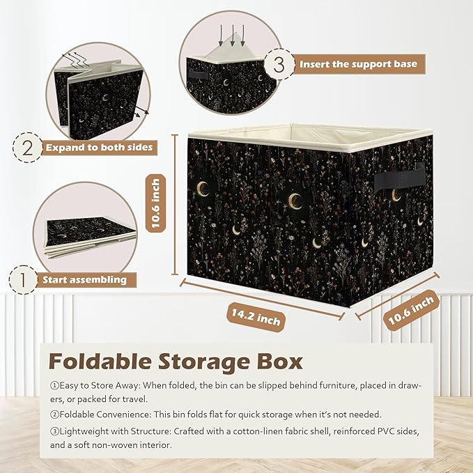 Dark Witchy Moon Floral Storage Box Bins, Mystical Gothic Wildflower Botanical Collapsible Storage Basket Organizer for Bedro