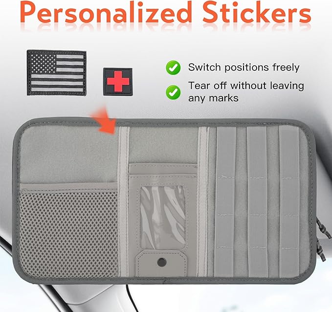 Molle Car Sun Visor Organizer, Tactical Visor Organizer with Zipper Pocket, Glasses Clip & ID Card, Semi-Rigid Molle Panel for Police Gear & Overlanding Accessories, Fit Trucks, SUVs, Jeeps, Gray