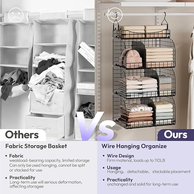 SWTYMIKI Hanging Closet Organizer Storage - 4 Tier Metal Stackable Hanging Closet Shelves with Dividers and S Hooks, Foldable