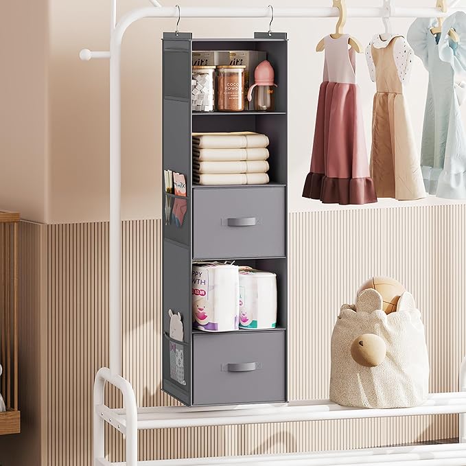 YOUDENOVA Hanging Closet Organizer, 5 Tier Hanging Closet Shelves with 6 Side Pockets and 2 Drawers, Grey