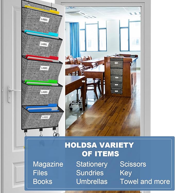 Homyfort Over the Door File Organizer, Hanging Wall File Folders with 5 Large Pockets for Papers, Charts, Mails, Magazine, Of
