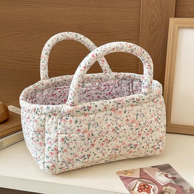 Small Storage Basket Organizer, Mini Fabric Floral Storage Baskets with Handle, Quilted Portable Collapsible Storage (O)