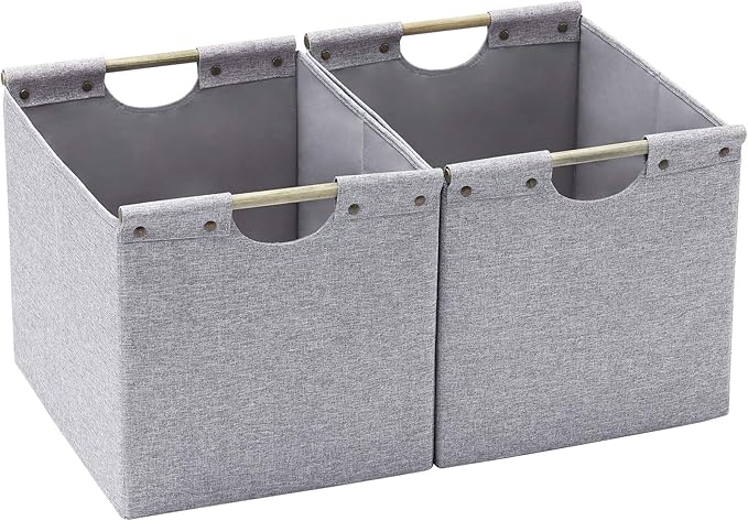 HOONEX Large Foldable Storage Bins, Linen Fabric, 2 Pack, with Wooden Carry Handles and Sturdy Heavy Cardboard, for Home, Off