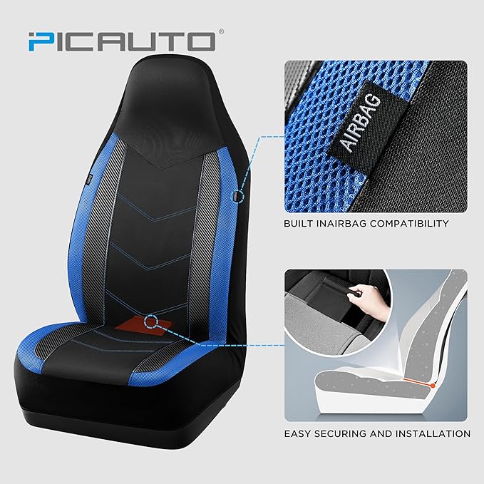 PIC AUTO Car Seat Covers - High Back Front Seat Covers, Sports Carbon Fiber Mesh Design, Universal Fit, Airbag Compatible (Bl
