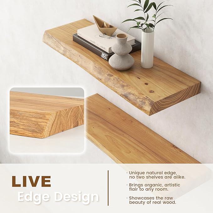 Live Edge Elm Floating Shelves for Wall Decor, Rustic Solid Wood Shevles Wall Mounted with Invisible Bracket for Living Room 