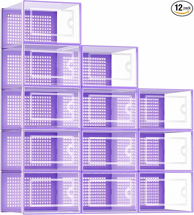 Kuject Shoe Organizers Storage Boxes for Closet, 12 Pack Clear Plastic Stackable Storage Bins with Lids, Under Bed Shoe Conta