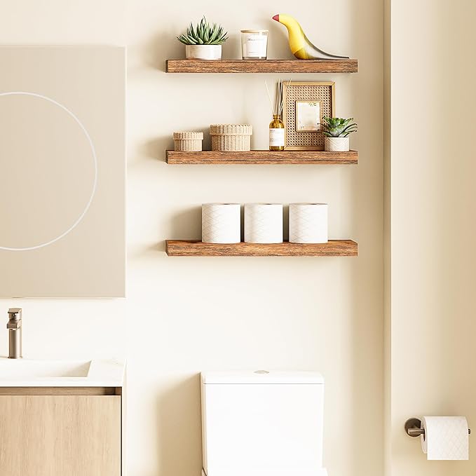 Ballucci Floating Shelves for Wall, 24" Wood Shelf Set of 3, Invisible Brackets Floating Shelf for Wall Decor Living Room, Ba